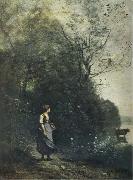 Jean Baptiste Camille  Corot Landscape with a peasant Girl grazing a Cow at the Edge of a Forest oil painting on canvas